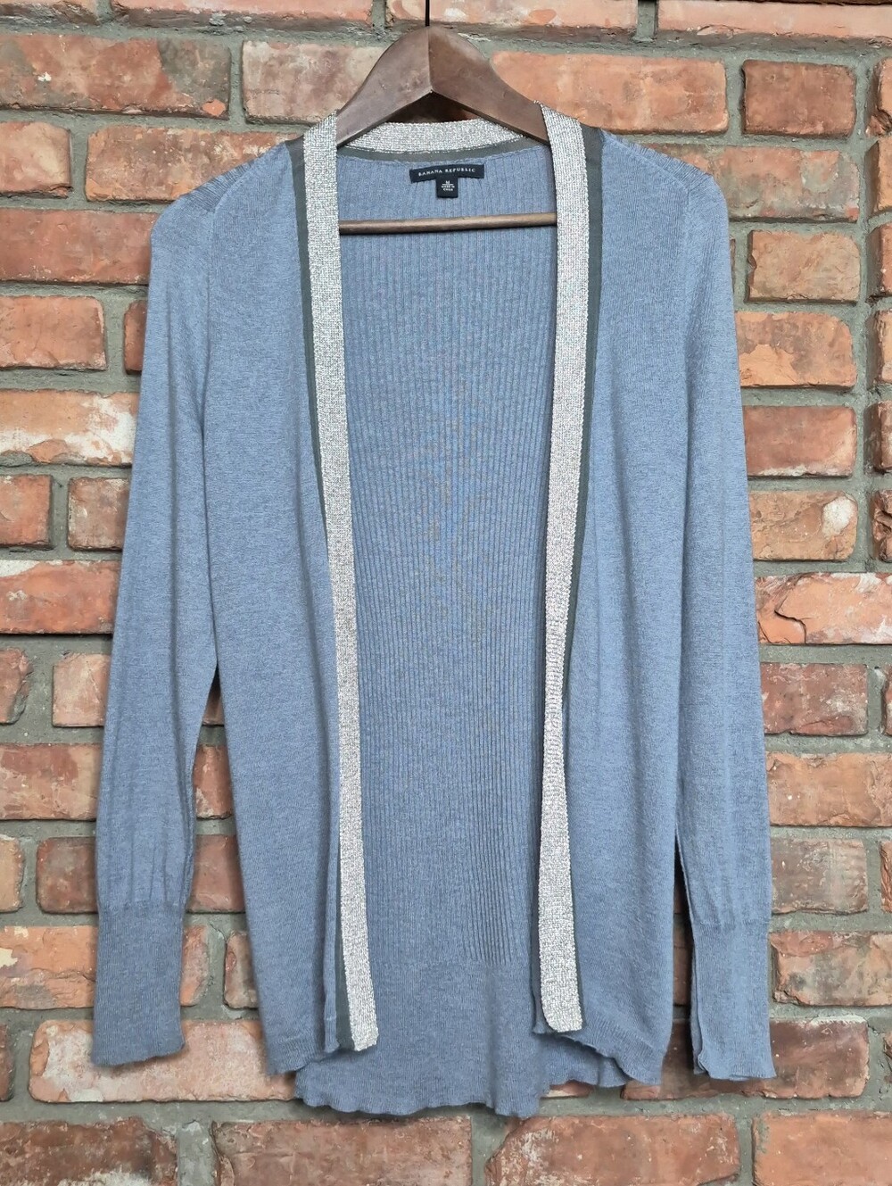 Banana Republic Wool Modal Blend Metallic Trim Open Front Cardigan Smoky Blue
